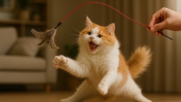 羽付きおもちゃにじゃれて元気に遊ぶ子猫