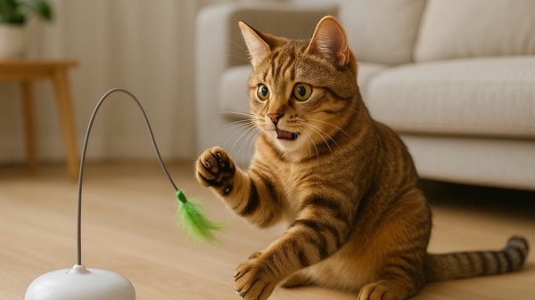 おもちゃで遊ぶ猫、ストレス発散や運動によるケアのイメージ