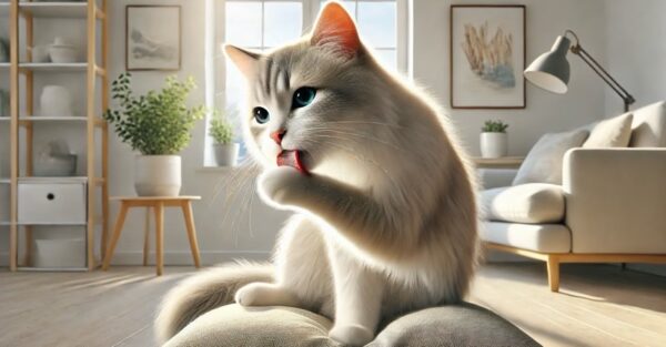 前足を舐めて丁寧にグルーミングする猫の様子