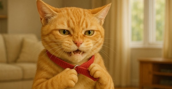 首輪を気にするような仕草をする猫、首元への圧迫や違和感が脱毛につながる可能性を示すイメージ