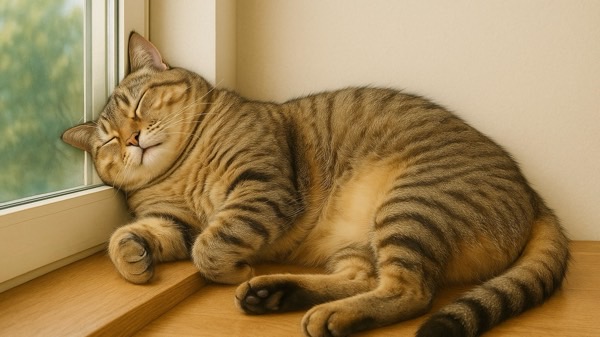 窓辺で同じ姿勢のまま眠る猫、長時間の接触による物理的刺激が起こりやすい生活環境のイメージ