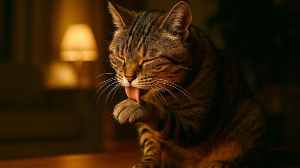 前足をしつこく舐める猫、心因性脱毛につながるグルーミング行動