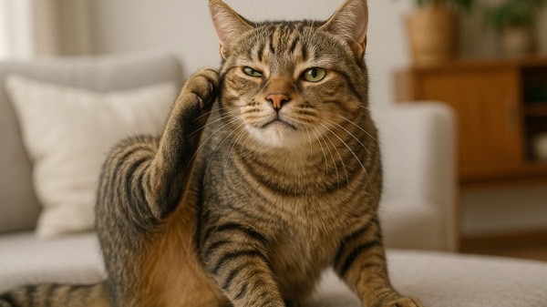 後ろ足で耳のあたりを掻いているキジトラ猫