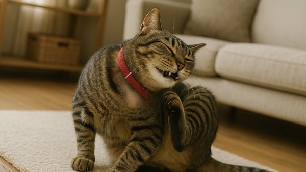 リビングで後ろ足で首元を掻くキジトラ猫の様子