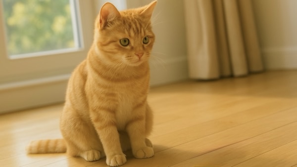 床に座り落ち着いた様子で周囲を見ている茶トラ猫