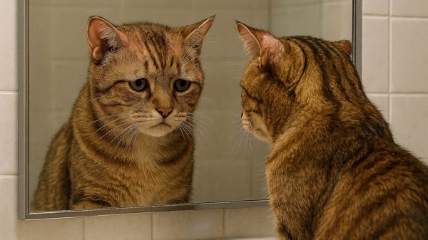 洗面所の鏡に映る自分を見つめる不安そうな猫の表情