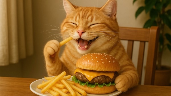 テーブルでジャンクフードを食べる猫、日常の行動や食生活、姿勢による体への負担をコミカルに表現したイメージ