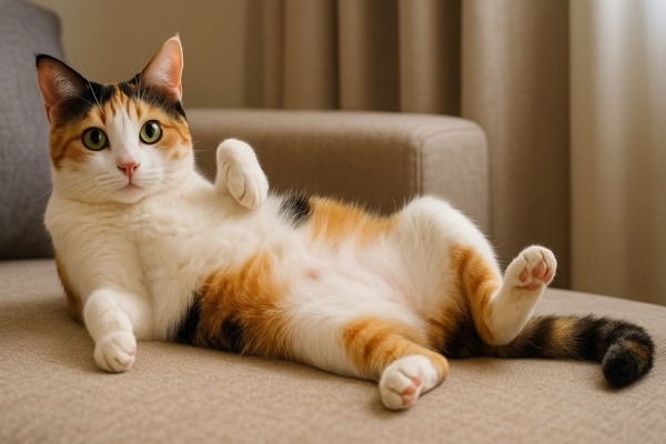 お腹を見せてリラックスしている三毛猫の姿