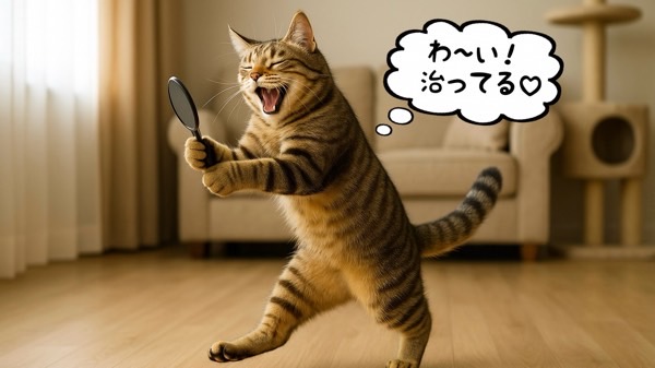 鏡を見て毛が生えそろった様子を喜ぶ猫、脱毛が改善し回復した事を表現したイメージ