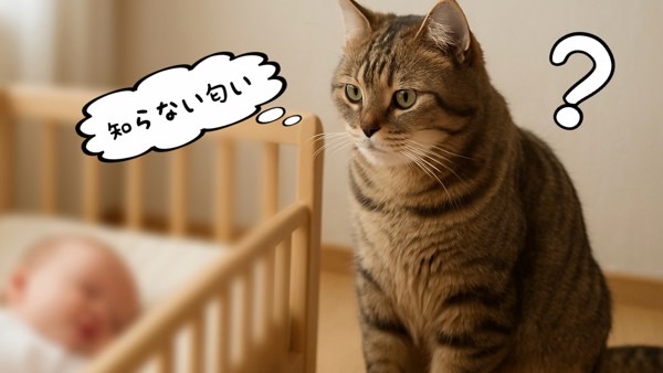 赤ちゃんを見て警戒する猫、新しい家族によるストレスや戸惑いの様子