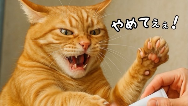 薬を嫌がって威嚇する猫、無理な対処やストレス増加のイメージ