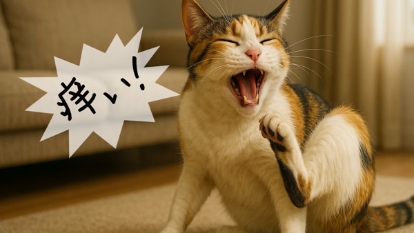 強いかゆみで後ろ足を上げて掻きながら鳴く三毛猫