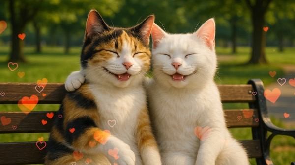 仲良く寄り添う猫カップル、穏やかさと相性の良さが大切な猫の恋愛を表現したイメージ