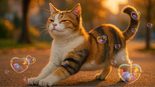 夕日の中で優雅に伸びをする三毛猫。自然体の魅力で周囲を惹きつける美しい瞬間。