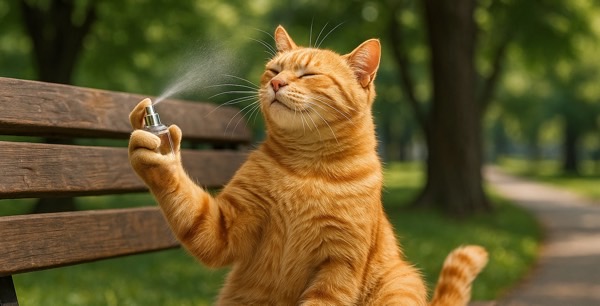 香りをまとってアピールする雄猫、スプレー行動とフェロモンでモテる猫の本能を表現したイメージ