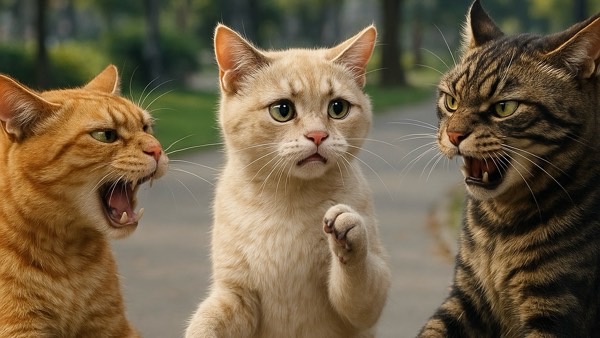 雄猫同士の緊張感ある対立と戸惑うメス猫、猫社会の恋愛バトルと選択を表現したイメージ