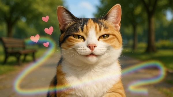 ハートが舞う中、幸せそうな表情を浮かべる三毛猫。恋する気分を感じさせる愛らしい雰囲気。