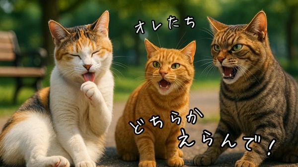 モテるメス猫を前に張り合うオス猫たち。「どちらか選んで！」と冗談まじりにアピールする可愛い三角関係の場面。