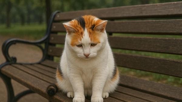 ベンチに座ってうつむく三毛猫。しょんぼりとした姿がまるで恋に敗れたよう。