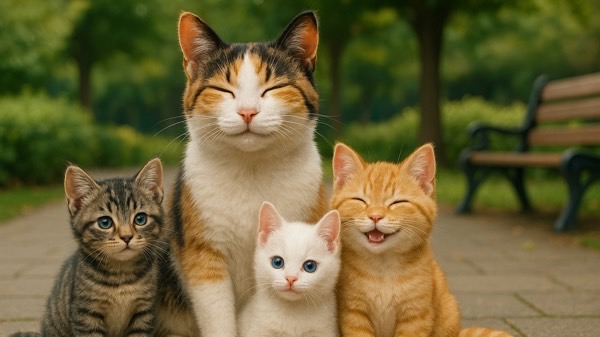 穏やかな母猫と可愛い子猫たちが仲良く並ぶ姿。優しさと安心感を感じさせる表情。