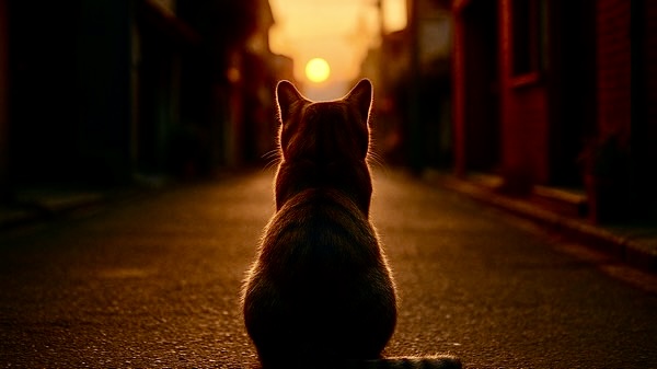 夕暮れの街で、背中越しに夕日を見つめる猫。失恋後の切なさを感じさせる静かなシルエット。