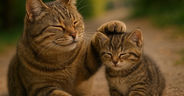 穏やかな表情で子猫の頭をなでる成猫。愛情と安心感を感じさせる優しい瞬間。
