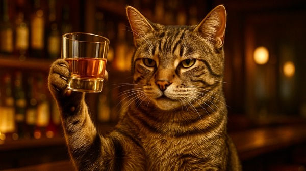 落ち着いた表情でお酒を持つ渋い雄猫、経験豊富なおじさん猫がモテる理由を表現したイメージ