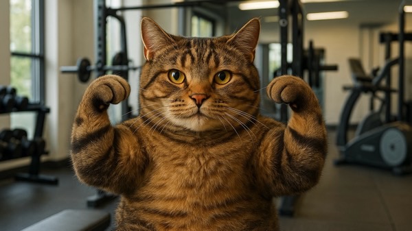 筋肉をアピールする雄猫、ガッチリ体型がメス猫に好まれる猫のモテ条件を表現したイメージ