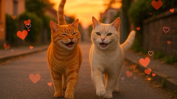 夕暮れの道を並んで歩く2匹の猫。ハートが舞う中、恋人のように寄り添うロマンチックな雰囲気。