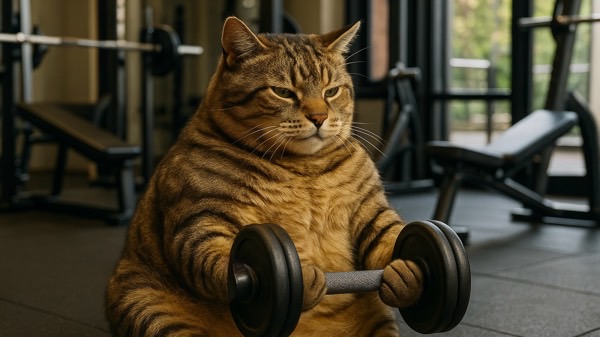 筋トレをする体格の良い雄猫、体重と筋肉がモテ要素になる猫社会の強さを表したイメージ