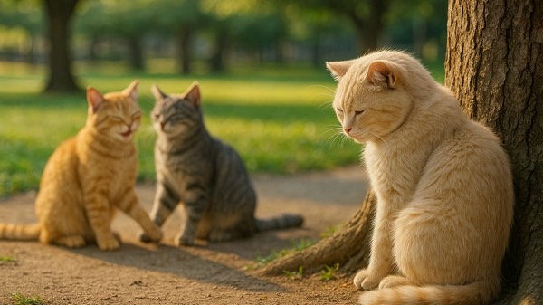 木の根元でうつむくクリーム色の猫。その向こうでは二匹の猫が楽しそうに話しており、孤独を感じるような構図。