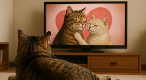 恋愛ドラマのような猫カップルをテレビ越しに見つめる猫、猫の恋愛事情を客観的に表現したイメージ
