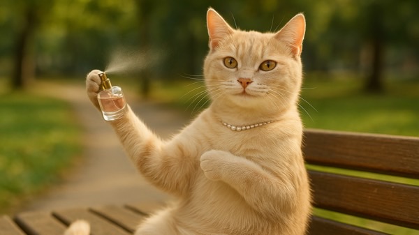 香水を使うような仕草を見せる猫。まるで自分の魅力を高めようとしているようなコミカルで可愛い表現。