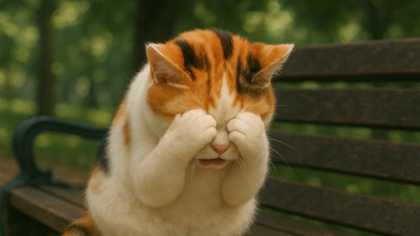 白・茶・黒の三毛猫が、公園のベンチで前足を顔に当てて悲しそうにしている様子。失恋したように見える表情が切ない一枚。
