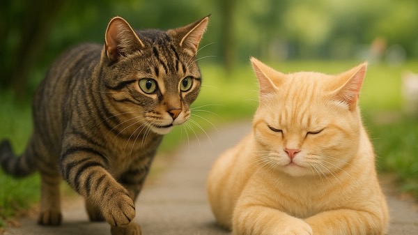 キジトラ猫が傷心中のクリーム色の猫にそっと近づく。友情か恋心か、静かな瞬間。