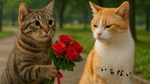 オス猫からのバラを断るツンデレな猫。恋愛上手な猫の駆け引きを感じさせる場面。