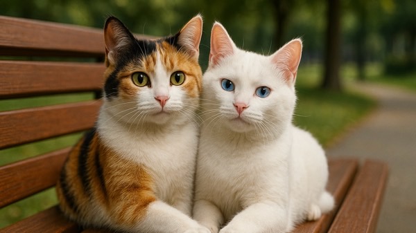 ベンチに寄り添って座る三毛猫と白猫。オッドアイの白猫と優しい三毛猫の穏やかなツーショット。