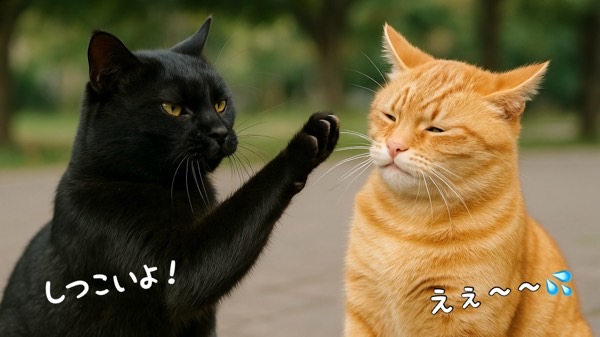 しつこい雄猫に注意するメス猫、強さだけではモテない猫の恋愛バランスを表したイメージ
