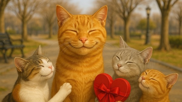 幸せそうな表情でメス猫たちに囲まれる体格の良い雄猫のイメージ、猫社会でモテるオス猫の象徴