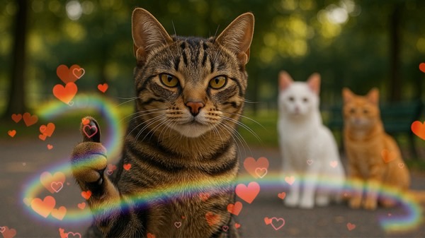 自信に満ちた表情で注目を集める雄猫と、後ろに控えるメス猫たち、猫社会でモテるオス猫の存在感と選ばれる瞬間を表現したイメージ