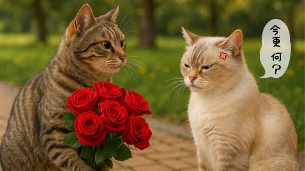 キジトラ猫が赤いバラの花束を差し出すが、白い猫が怒り顔で「今更何?」と吹き出しを出しているコミカルな場面。