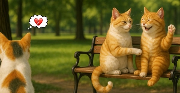 ベンチに座る二匹の茶トラ猫が楽しそうに笑う。その様子を後ろから三毛猫が見つめ、吹き出しにハートの割れたマーク。切ない恋のワンシーン。