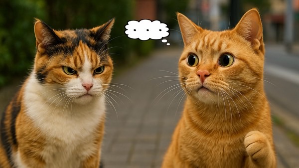 怒った三毛猫と困惑した茶トラ猫が向かい合う様子。茶トラが一方的に怒られているようなシーン。