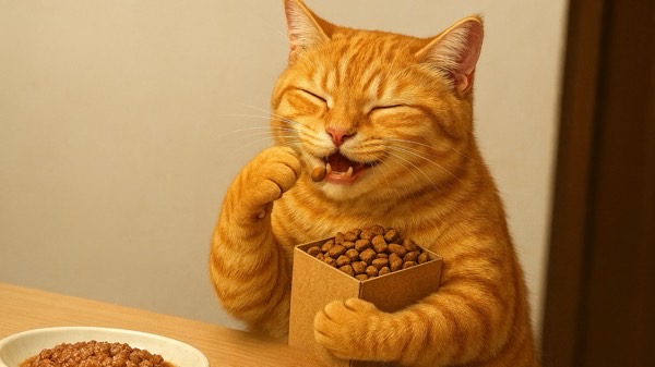 箱いっぱいのカリカリを抱え、目を細めて幸せそうに食べる茶トラ猫。テーブルにはごはん皿も並び、食欲満点のシーン。