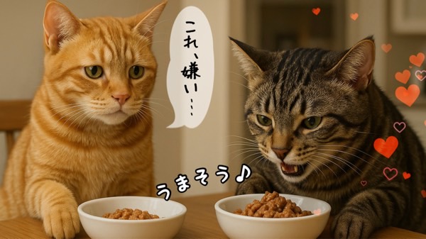 同じごはんを前にして、好き嫌いが分かれる２匹の猫。偏食を表す可愛いシーン