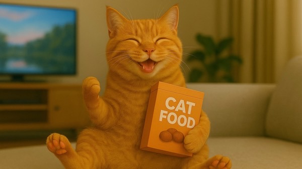 キャットフード（カリカリ）の箱を抱えて満足げに笑う茶トラ猫。お気に入りのごはんにご機嫌