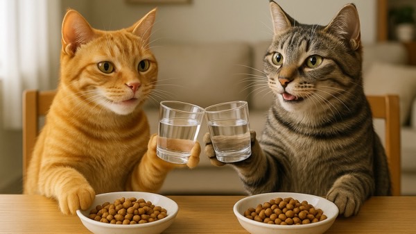 茶トラとキジトラの猫がテーブルでカリカリを前に、お水のグラスで仲良く乾杯する可愛いワンシーン。