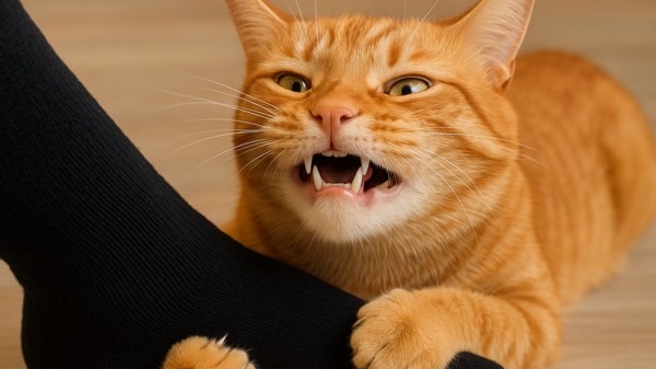 飼い主の靴下にしがみついて、口を開けて反応している茶トラ猫