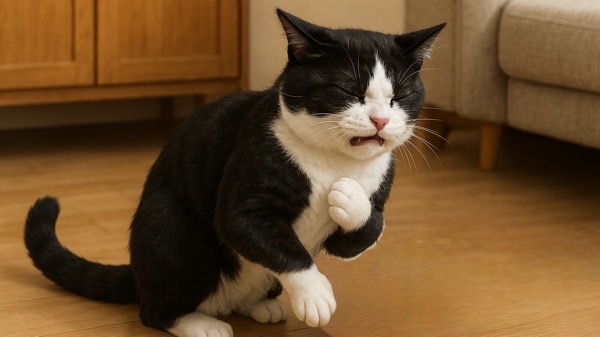 黒白猫がリビングの床で苦しそうに目を細めているリアルな様子