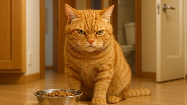 食器の前で不満げな表情をする茶トラ猫。好みのごはんだが、トイレ前という場所が気に入らない様子。